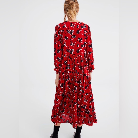 Zara Angel Red Floral Tiered Skirt Long Puff Sleeves Maxi Dress Size S - Picture 11 of 12